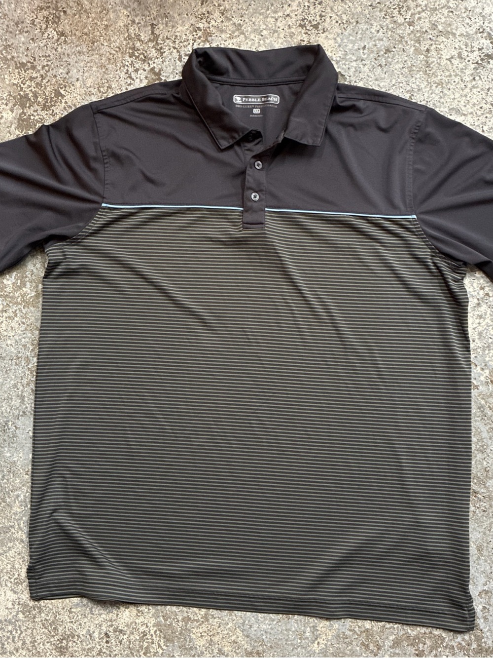 Pebble Beach Men’s Black Polo with Gray Pinstripes and Blue Accents